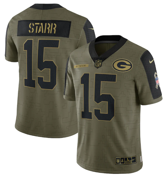 Men's Green Bay Packers #15 Bart Starr 2021 Olive Salute To Service Limited Stitched Jersey Men's Green Bay Packers #15 Bart Starr 2021 Olive Salute To Service Limited Stitched Jersey
